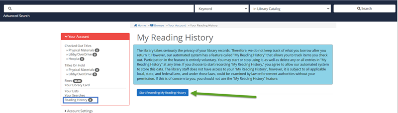 Arrow pointing to Start Recording My Reading History link